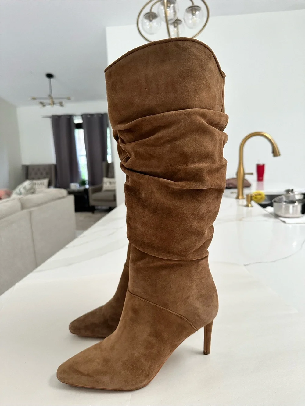 Vince Camuto Tan Suede Armada Slouchy Pointed Toe Heeled Boot Sz 8